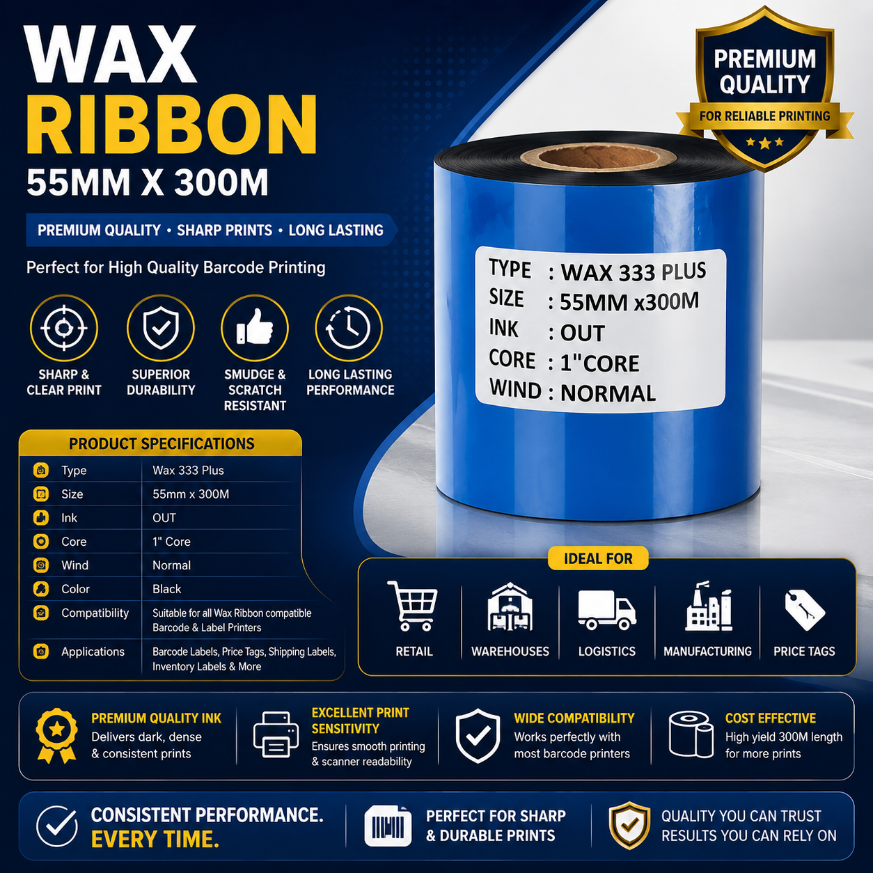 55mm x 300mtr Resin Barcode Ribbon (Pack of 5)